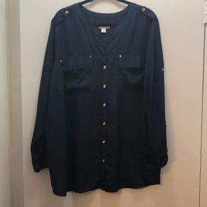 Navy button down blouse with gold buttons